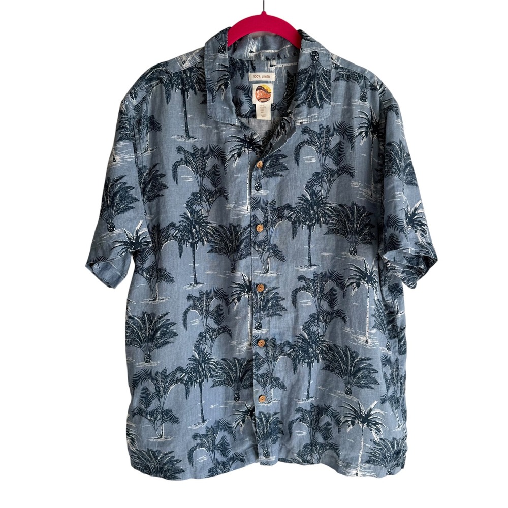 C&C CALIFORNIA Navy Blue Palm Tree Print Hawaiian Casual Mens Button‎ Down, L